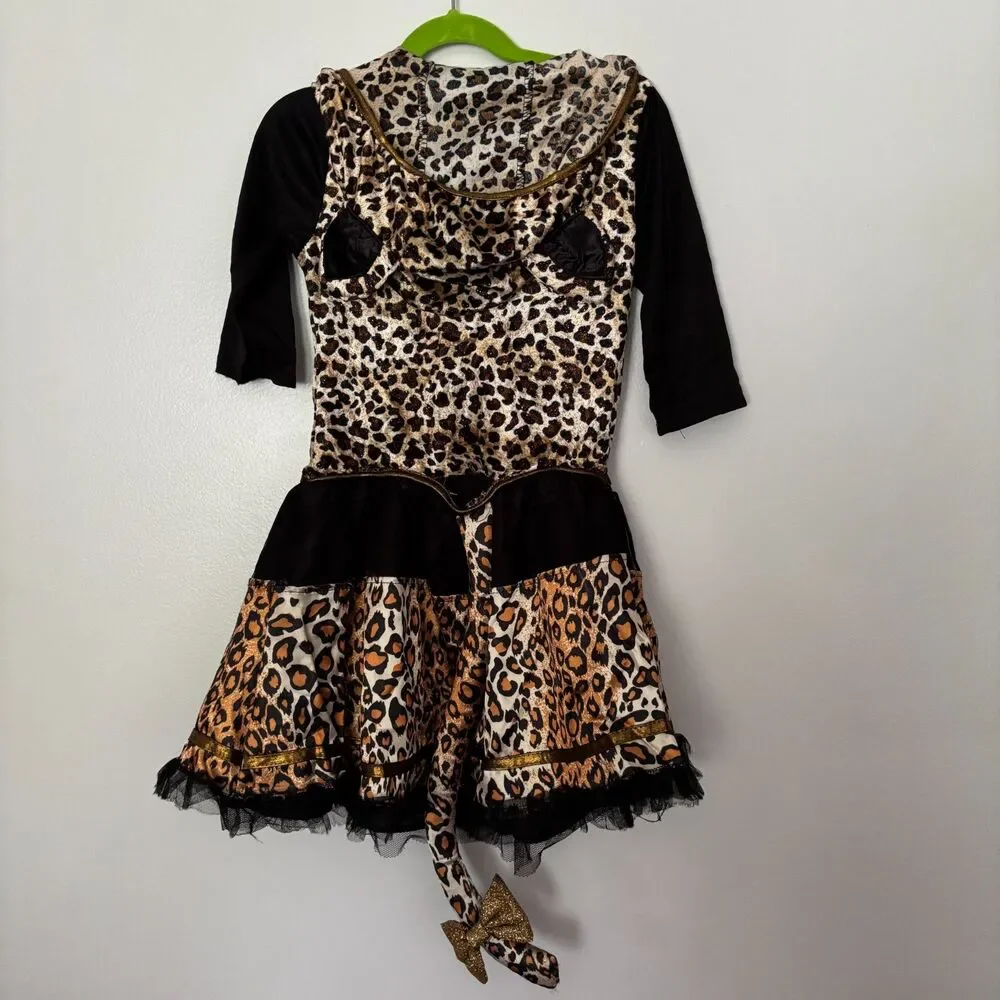 Girls Leopard Cat Costume Size 7-8 Hood Ears Tail Tutu Dress Halloween Cheetah